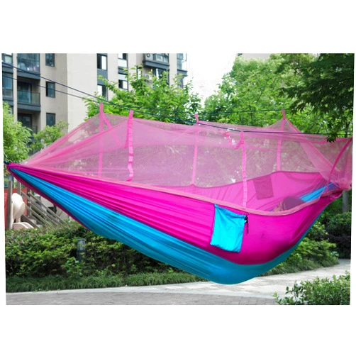 ELEOPTION Camping Hammock with Mosquito net Portable Outdoor Bed Robust Hammock from Parachute Silk max. Load Capacity 200kg Perfect for Home Garden Forests Travel Hiking etc (Pink+Blue)