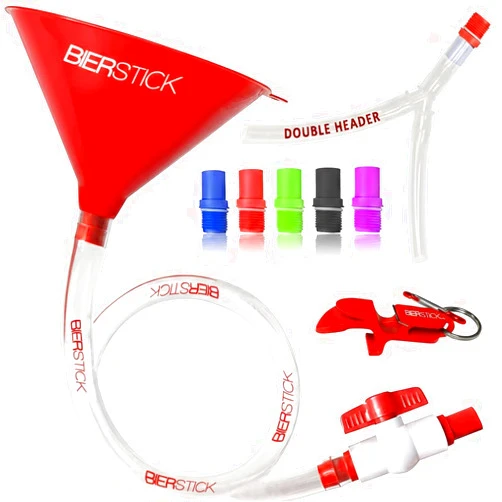 Bierstick Beer Bong Tube and Funnel - with Valve, Optional Single or Double Header Y-Attachment, 5 Interchangeable Mouthpieces, Shotgun Keychain Tool - Kink-Free Hose for Bierstick Beerbong (Red)