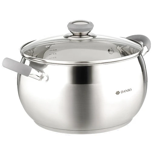 Daniks Modern Stainless Steel Stock Pot with Glass Lid – Induction 7 Quart, Dishwasher Safe, Heatproof Handles, For Soup, Pasta, Stew, Silver