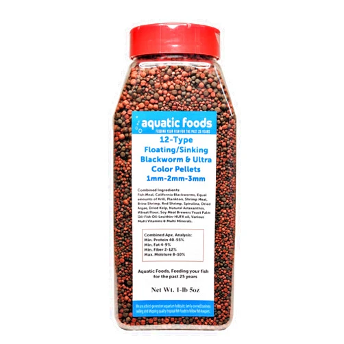 Aquatic Foods Inc. 12-Types of Floating/Sinking Blackworm & Intense Coloring Pellets of Mixed of 1mm, 2mm, 3mm Ideal for All Tropical and Pond Fish. Premium Tropical Fish Pellets. GB-1000-1-lb 5oz