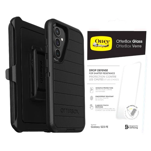 OtterBox Galaxy S23 FE (Only) Bundle: - Defender Series Case - Black - Glass Screen Protector - Holster Clip Included - Microbial Defense Protection - Non-Retail Packaging