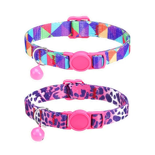 SOLMOONY Cute Cat Collar for Girl Boy,Colorful Breakaway Cat Collars with Bell 2 Pack，Adjustable Printed Nylon with Safety Buckles Kitten Collar (Leopard Print)