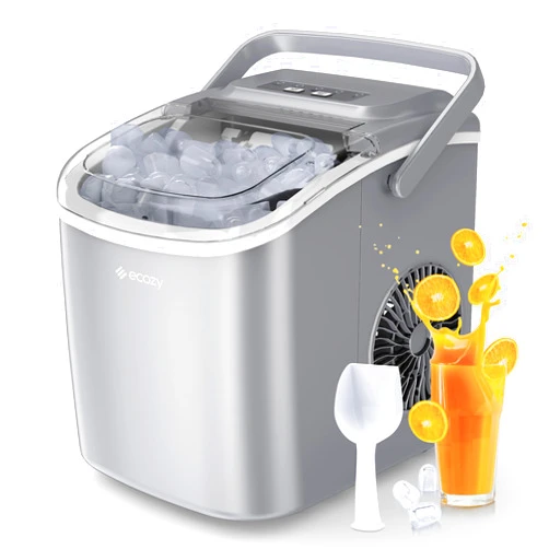ecozy Portable Ice Maker Countertop, 9 Cubes Ready in 6 Mins, 26lbs in 24Hrs, Self-Cleaning Ice Machine with Handle/Ice Bags/Ice Scoop/Ice Basket, 2 Sizes Bullet Ice for Home Kitchen Office Bar Party