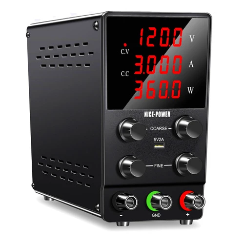 NICE-POWER DC Power Supply Variable: 120V 3A Adjustable Switching Regulated High Precision 4-Digits LED Display 5V/2A USB Port Test Lead Output & Input Power Cord Bench Lab Power Supplies