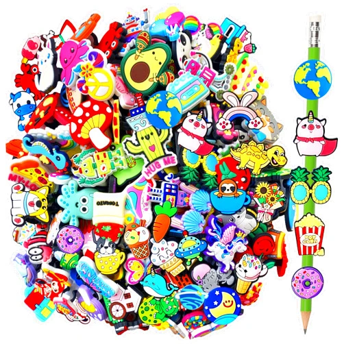 Muiyaneq 100 Pcs Cute Pencil Topper Decoation,Mixed Different Style Lovely Pencil Clips,Bulk Pen Toppers Charm Accessories for Kids,Classroom Rewards Prizes Gift for Students