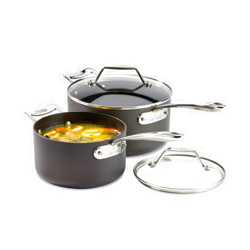 All-Clad Essentials Hard Anodized Nonstick Sauce Pan Set 4 Piece, 2.5, 4 Quart Oven Broiler Safe 500F Pots and Pans, Cookware Black