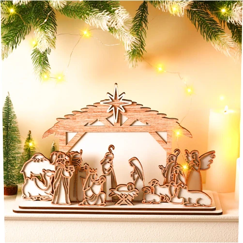 Soaoo 15 Pcs Christmas Nativity Sets Wooden Nativity Table Centerpiece Nativity Table Sign The Holy Family Figure Manger Scene of Jesus Christ's Birth Religious Xmas Decor for Christian Tabletop Gift