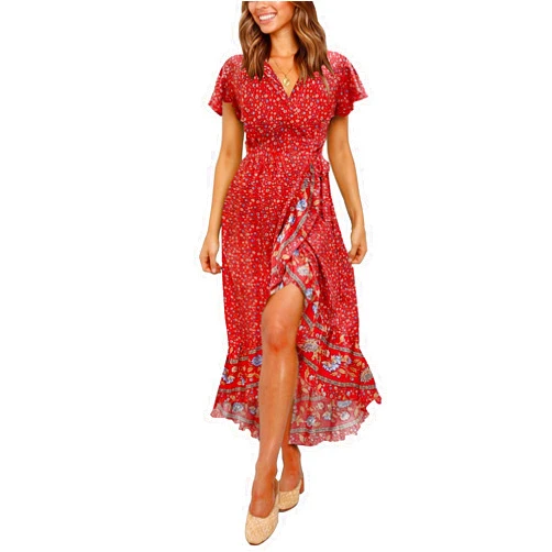 ZESICA Women's Summer Bohemian Floral Printed Wrap V Neck Beach Party Flowy Ruffle Midi Dress