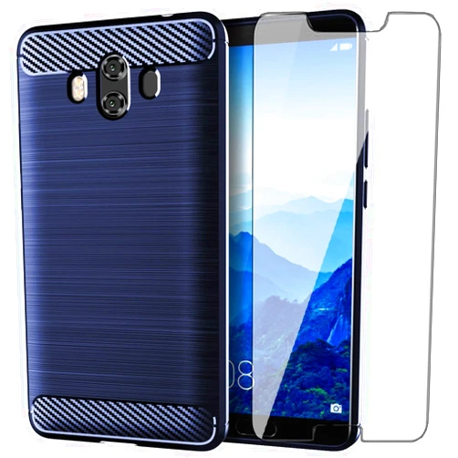 Asuwish Phone Case for Huawei Mate 10 with Tempered Glass Screen Protector Cover and Cell Accessories Soft TPU Silicone Slim Protective Hawaii Mate10 ALP-L09 ALP-L29 Women Men Carbon Fiber Navy Blue
