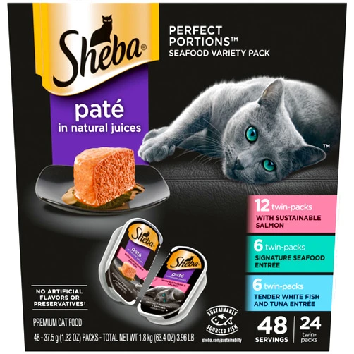 Sheba Perfect Portions Wet Cat Food Pate With Sustainable Salmon, Signature Seafood Entree, and Tender White Fish and Tuna Entree Variety Pack, 2.6 oz. Twin Pack Trays (24 Count, 48 Servings)