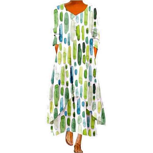 Generic 2024 Summer New Dress Linen Short Sleeved Irregular Hem Long Dress Flower Print Button Dress Women's Cotton Dresses