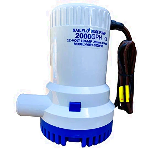 SAILFLO 2000 GPH Fully Submersible 12 Volt Electric Bilge Pump - 1-1/8 dicharge hose outlet - Heavy-Duty, Water-Cooled Motor with Snap Lock Strainer Base for Easy Installation