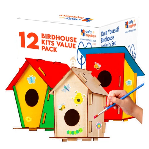 CRAFTY HAPPITOYS 12 DIY Bird House Kits For Children to Build - Wood Birdhouse Kits for Kids to Paint - Unfinished Wood Bird Houses to Paint for Kids - Wood Craft Project Kits - Wooden Arts & Craft for Girls & Boys