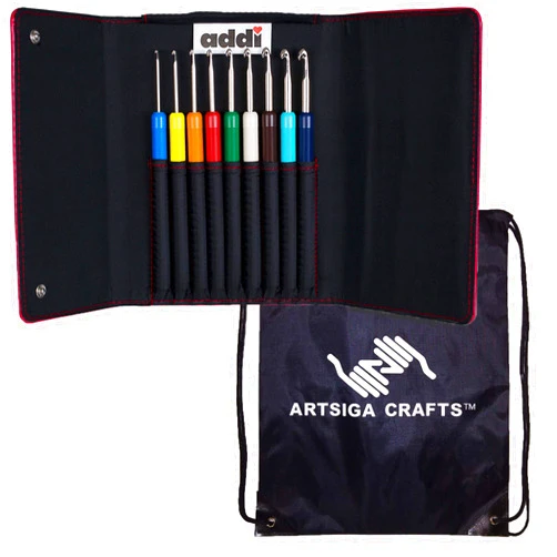 addi Comfort Grip Colours Crochet Hook Set Sizes Metric 2, 2.5, 3, 3.5, 4, 4.5, 5, 5.5, and 6mm Bundle with 1 Artsiga Crafts Project Bag