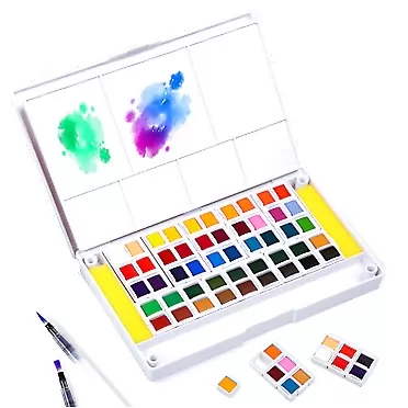 Falling in Art 48 Assorted Watercolor Paint Set, Solid Field Sketch Kit with 2 Brushes 48 Color