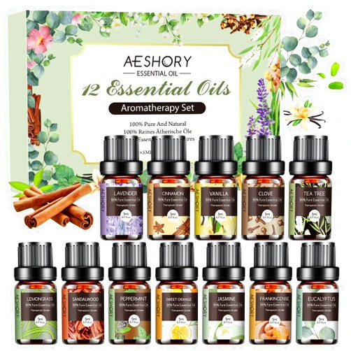 Aeshory Essential Oils Set - 12 Pcs Aromatherapy Essential Oil Kit for Diffuser, Humidifier, Aromatherapy, Massage, Soap, Candle Making (5mL)