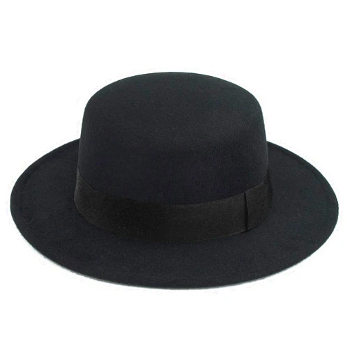 CXQRR Classic Black Flat-Top Fedora Hat Wide-Brim Pork-Pie Hat Boater Hat Church Dery Cap for Women Men