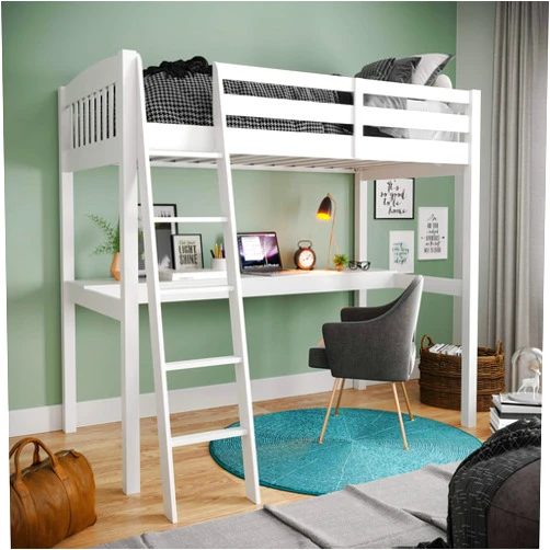 Geelife Everest White High Loft Bed with Desk and Storage, Heavy Duty Solid Wood Twin Size Loft Bed Frame with Stairs for Kids and Toddlers, No Box Spring Needed