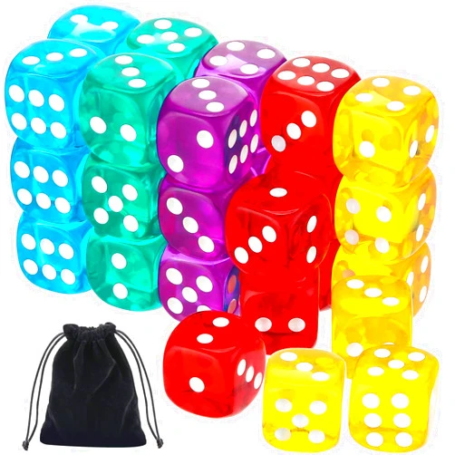 TecUnite Game Dice Sets 30 Pieces 6-Sided Game Dice 14 mm Translucent Polyhedral Dice Set with Black Pouch for Table Games and Teaching, 5 Colors
