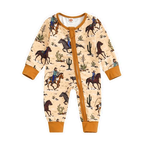 SAYOO Western Baby Boy Clothes Fall Zipped Cowboy Romper Outfit Infant Cow Print One-piece Jumpsuit Overall Country Stuff