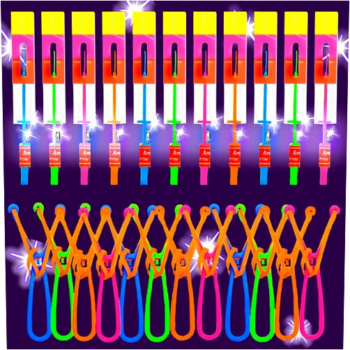 Krcilcuk 50 Pcs LED Flying Set, Flying Rocket Copters Outdoor Game Toys Glow in The Dark Party Supplies Party Favors for Kids 8-12,4-8, 25 Slingshot+25 Glow Helicopter