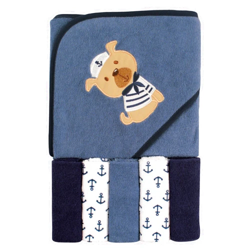 Luvable Friends Unisex Baby Hooded Towel with Five Washcloths, Dog, One Size