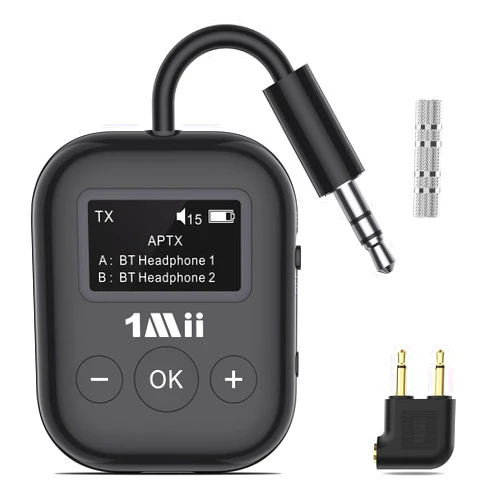 1Mii Airplane Bluetooth 5.3 Transmitter for All Headphones - Bluetooth Adapter for TV - Dual Connection - aptX Low Latency - Flying Travel,Long Flight Essentials - Wireless Audio Aux for MP3,Game,PC-Black