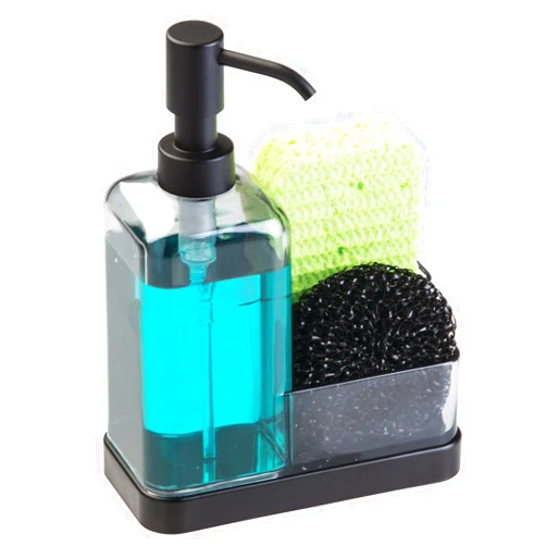 mDesign Plastic Kitchen Sink Countertop Hand Soap Dispenser Pump Bottle Caddy Organizer Holder with Storage for Bathroom - Holds Dish Sponge and Brushes - Omni Collection - Graphite/Matte Black