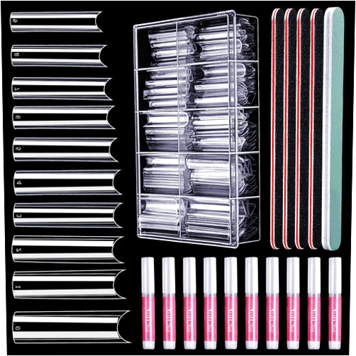 HNYYZL Extra Long Square ABS False Nail Tips, 240Pcs Kit with C Curve, Nail Glue, File for Salon Home DIY