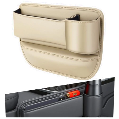 ST SoleMe.Tc Leather Car Seat Storage Box Slot & Slit Gap Pocket with Cup Holder, Seat Side Filler Organizer in Between Car Seat Catcher for Car Truck SUV (Beige, Passenger's)