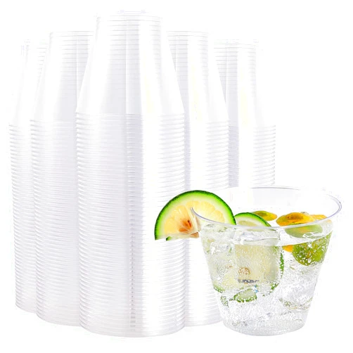 FOCUSLINE 200 Pack Clear Plastic Cups 9 oz Disposable Cups Heavy Duty Plastic Tumblers, Reusable Clear Hard Plastic Cups Tumblers for Wedding, Thanksgiving, Halloween, Christmas Party