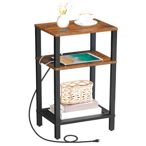 HOOBRO Side Table with Charging Station, End Table with USB Ports and Outlets, 3-Tier Storage Shelves Nightstand, Sofa Table for Small Space in Bedroom, Living Room, Rustic Brown and Black BF106UBZ01