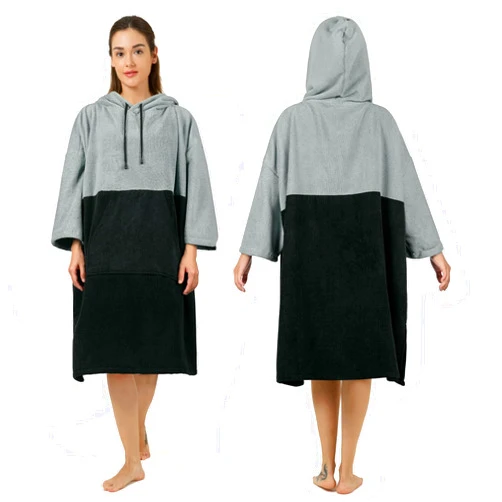 Zingtto Surf Poncho Changing Robe, 3/4 Sleeve Extra Large Thick Hoodie Towel Poncho for Men Women Beach Swimming, 39‘’x33‘’, Black Gray