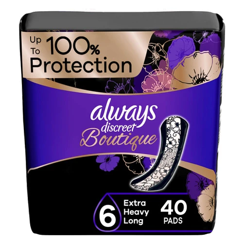 Always Discreet Boutique Incontinence Pads, for Bladder Leaks, Extra Heavy Absorbency, Long Length, 20 Count x 2 Packs (40 Count Total) (Packaging May Vary)