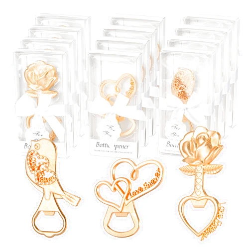 Wxfdac 24Pcs 3 in1 Wedding Party Favor Bottle Openers for Guests, Double Heart Rose Flower Lovebirds Bottle Openers with Gift Box, for Bride Shower Decor Engagement Souvenirs Anniversary Supplies