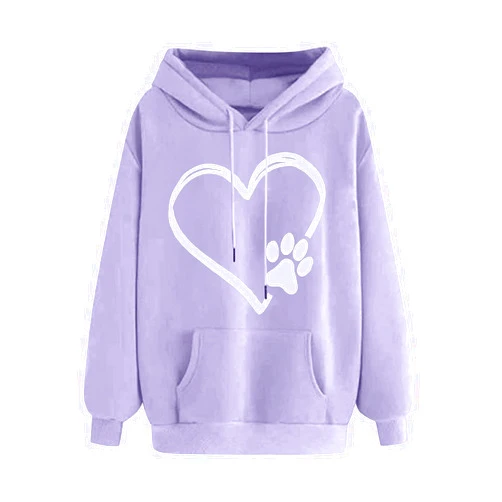 Generic Heart Dog Paw Print Sweatshirts for Women Long Sleeve Pullover Hoodies Casual Lightweight Fleece Hooded Tops