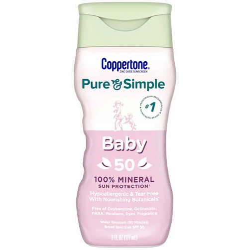 Coppertone Pure and Simple Baby Sunscreen SPF 50 Lotion, Zinc Oxide Mineral Sunscreen for Babies, Tear Free, Water Resistant, Broad Spectrum SPF 50 Sunscreen, 6 Fl Oz Bottle
