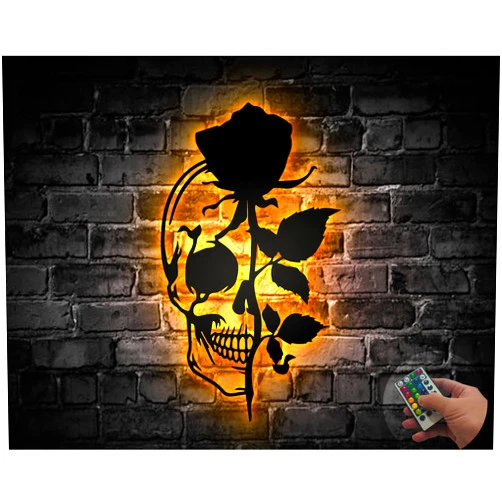 Zikako Metal Skull With Rose Wall Art - LED Lit Sugar Skull Sign, Skeleton Decor - Gift For Mom, Girlfriend, Wife or Christmas