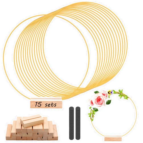 trophable 15Pcs 12 Inch Metal Floral Hoop Centerpiece with 15 PCS Wood Place Card Holders and Adjustable Foot Pads, Gold Wreath Macrame Hoop Rings Decorations for DIY Wedding Party Table Decor