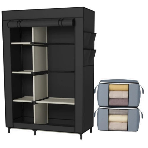 Calmootey Portable Closet, Wardrobe with 6 Shelves and Hanging Rod, Storage Organizer for Bedroom, Non-Woven Fabric Cover with 4 Side Pockets, Includes 2 Storage Bags for Clothes, Black