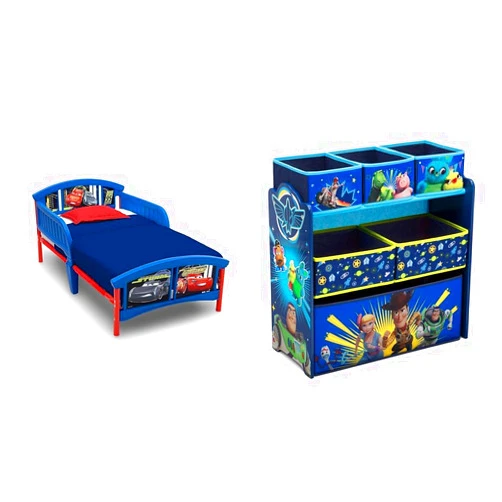 Delta Children Disney/Pixar Cars Plastic Toddler Bed and Toy Story 4 6 Bin Toy Organizer