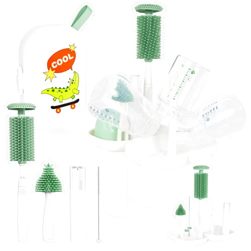 HEYTUYA Portable 6 in 1 Travel Kit, Baby Travel Essentials, Bottle Brush Set, Silicone Brushes, Nipple & Straw Cleaner, Soap Dispenser, Storage Box & Drying Rack