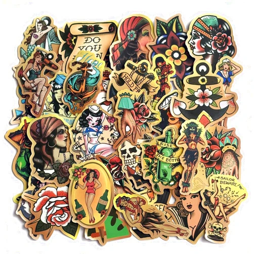 Shadowvoxel Vintage Retro Girl Sailor Stickers, 50pcs Traditional American Style Sticker Decal Pack for Water Bottles, Laptops, Skateboards Motorcycle with Vinyl Waterproof PVC