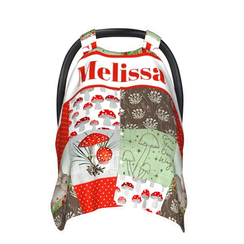 Noverbibi Personalized Baby Car Seat Canopy for Babies with Name, Custom Car Seat Covers for Boys Girls, Mushroom Nursing Breastfeeding Stroller Cover Infant Carseat Canopies for Newborn