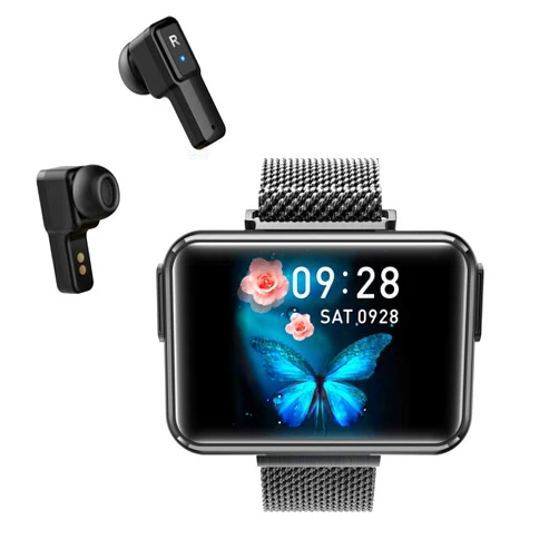 Tuanzi T91 Smart Bracelet 2 in 1 Smart Watch TWS Wireless Bluetooth Headset 1.4 Inch IPS Screen Health Monitor Fitness Tracker Earbuds Combo Running Music Wristband (Black Steel)
