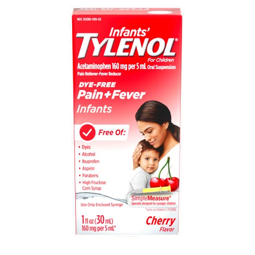 Tylenol Infants Oral Suspension Liquid Medicine with Acetaminophen, Baby Fever Reducer & Pain Reliever for Minor Aches & Pains, Sore Throat, Headache & Teething Pain, Dye-Free Cherry, 1 fl. oz