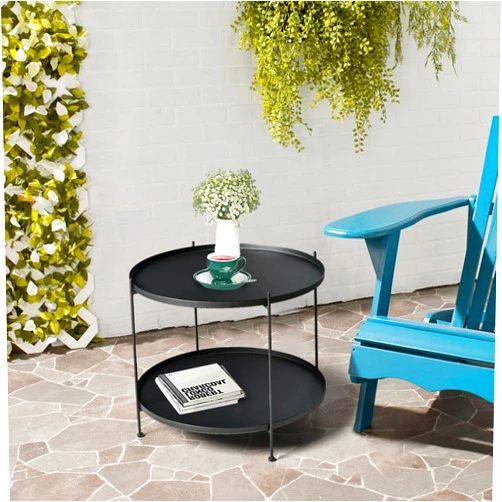 Lisuden Modern Metal End Table, Round Side Table Indoor/Outdoor, Living Room Small Coffee Table (Black, 2-Tier 23.6