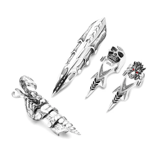 Jovivi Men's Jewelry Silvery Armour Knuckle Full Finger Double Loop Activity Ring Punk Rock Gothic Cool,1-4pcs