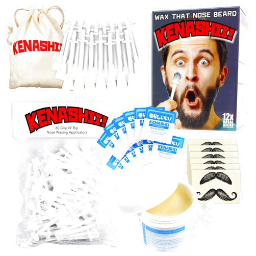 Kenashii Nose Waxing Kit and 60 Grip n' Rip Nasal Wax Applicators Bundle, 100g of Wax, 12 Mustache Protectors, Balm Wipes and Radical Carry Bag, Total of 84 Applicators