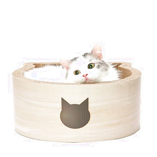 Necoichi Cat-Headed Scratcher Bed (Birch, Regular) | Cardboard Cat Scratcher Bowls for Indoor Cats - Cat Scratching Board, Cat Scratch Pad Reversible Usability and Extra Comfort for Lounge